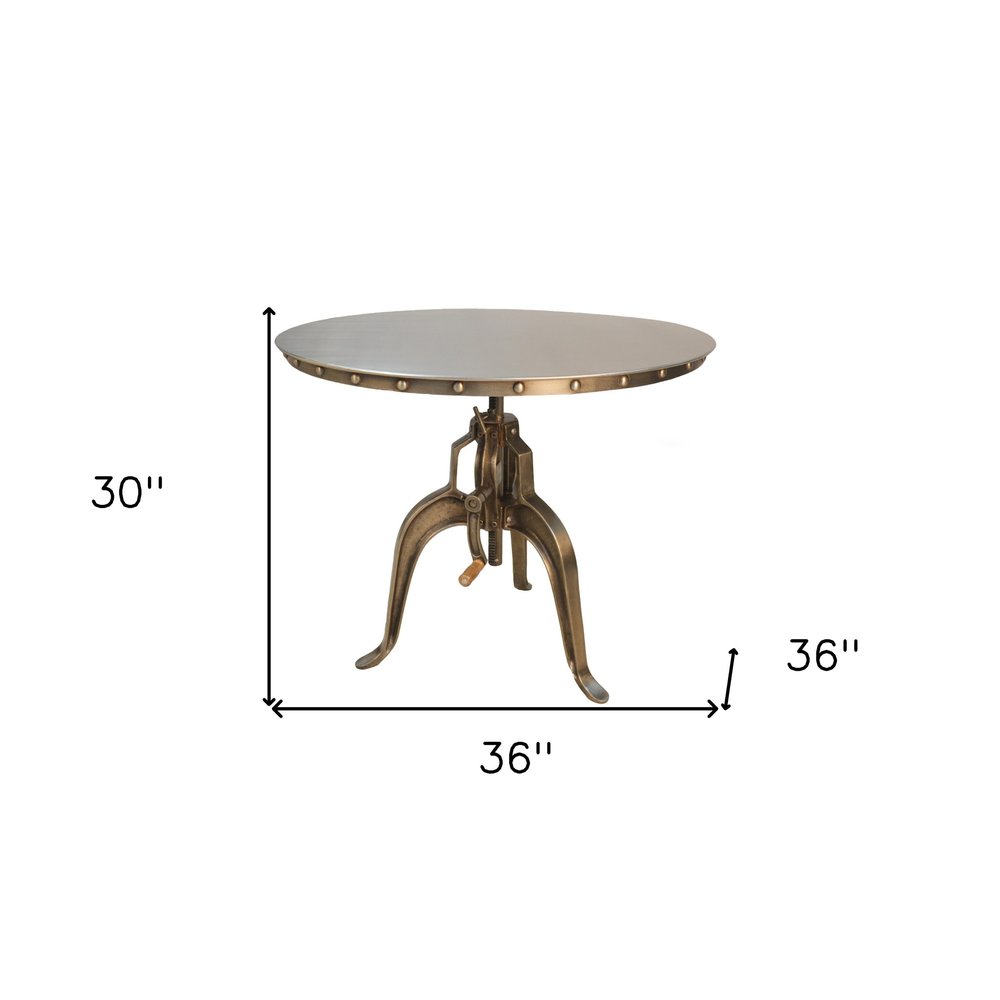 Adjustable Height Antiqued Nickel Three Leg Base Round Top Dining Table on a white background