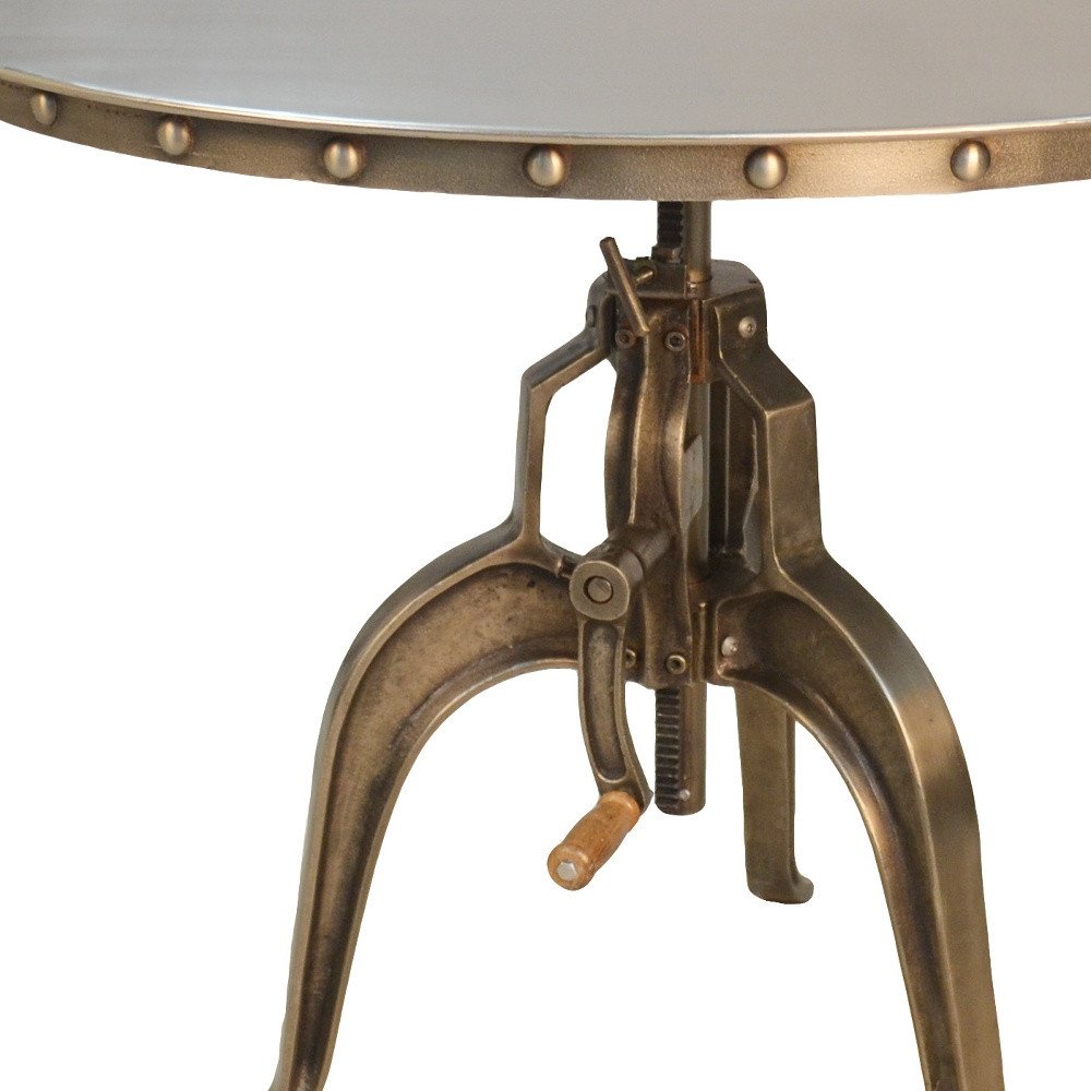 Adjustable Height Antiqued Nickel Three Leg Base Round Top Dining Table on a white background