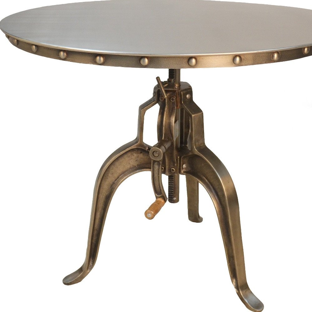 Adjustable Height Antiqued Nickel Three Leg Base Round Top Dining Table on a white background