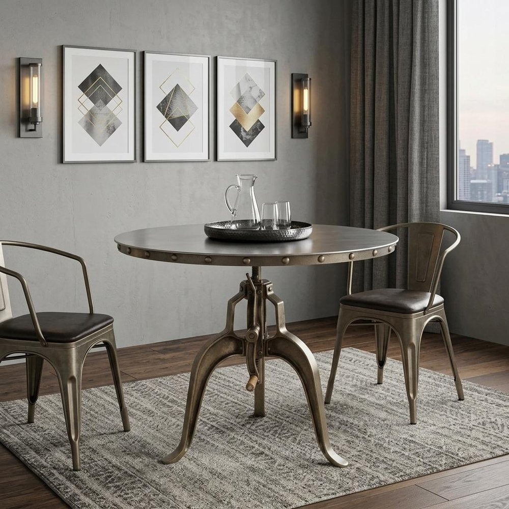 Adjustable Height Antiqued Nickel Three Leg Base Round Top Dining Table in a home interior
