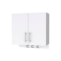 White accent cabinet with two doors and three hooks on a white background.