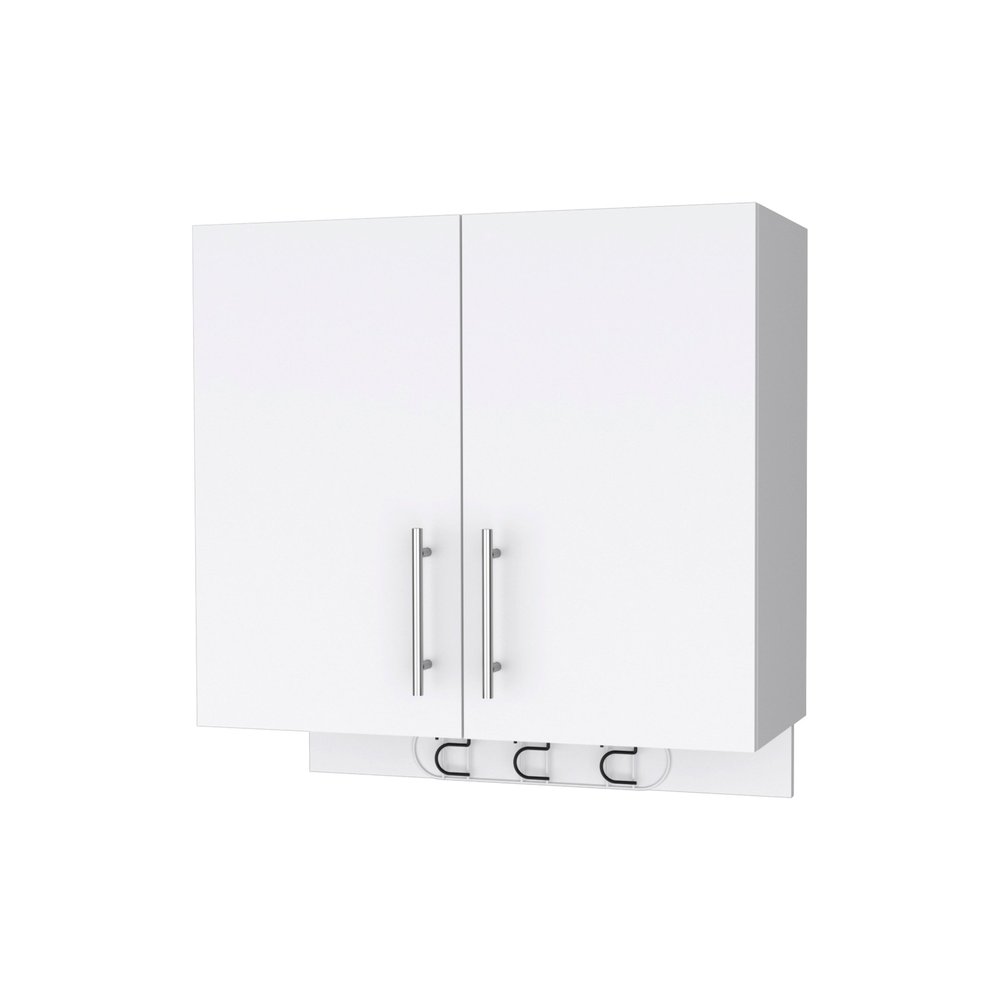 White accent cabinet with two doors and three hooks on a white background.