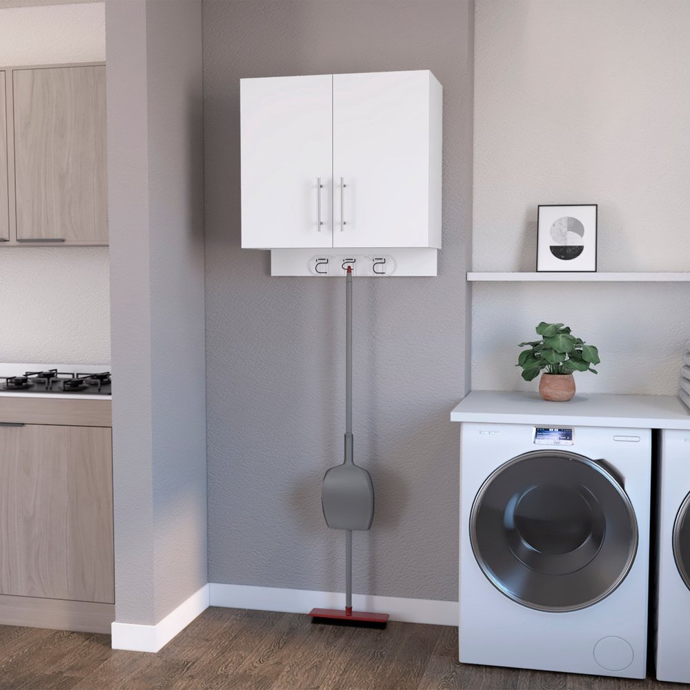 26" White Accent Cabinet With One Shelf styled in a furnished interior with a gray wall on a blue floor.