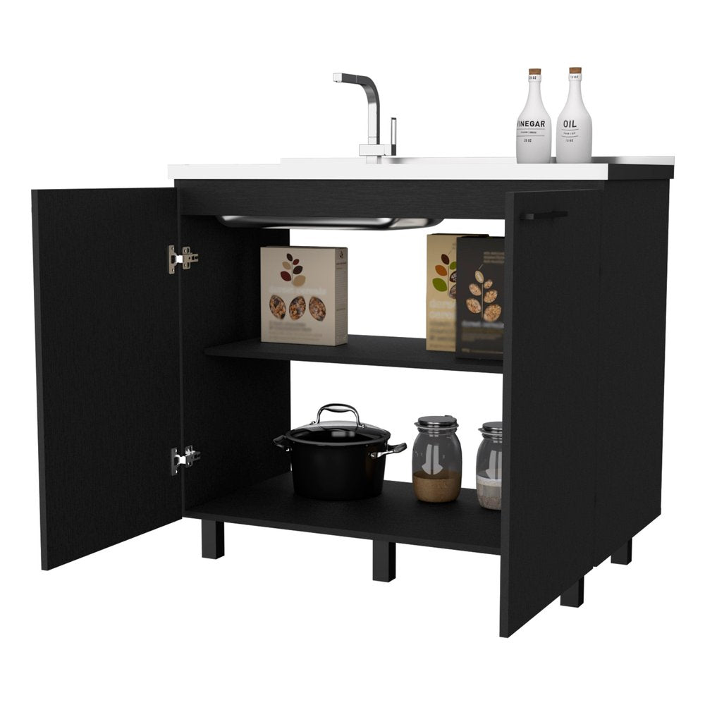 39" Black And Silver Accent Cabinet With One Shelf. Kitchen & utility sink isolated on a plain white background, in a black finish.