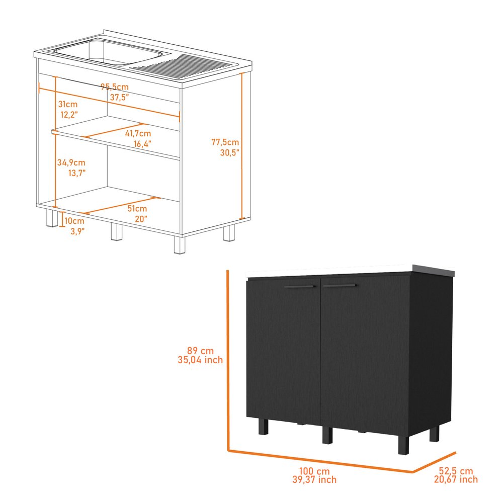 39" Black And Silver Accent Cabinet With One Shelf. Kitchen & utility sink isolated on a plain white background, finished in black.