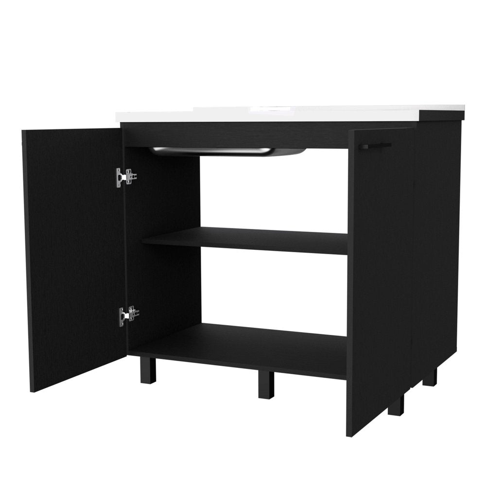 39" Black And Silver Accent Cabinet With One Shelf. Kitchen & utility sink isolated on a plain white background, in a silver finish.