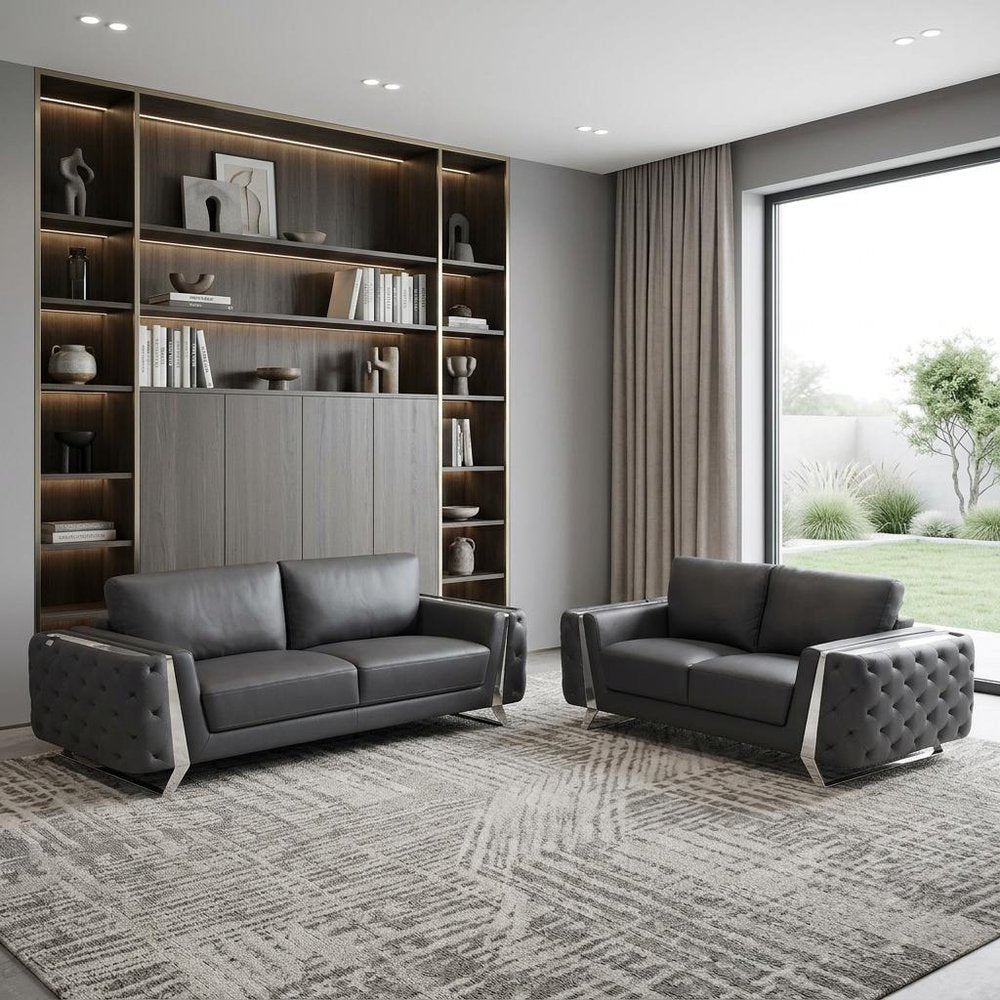 Two Piece Indoor Dark Gray Italian Leather Five Person Seating Set - SKU 518559 in a home interior