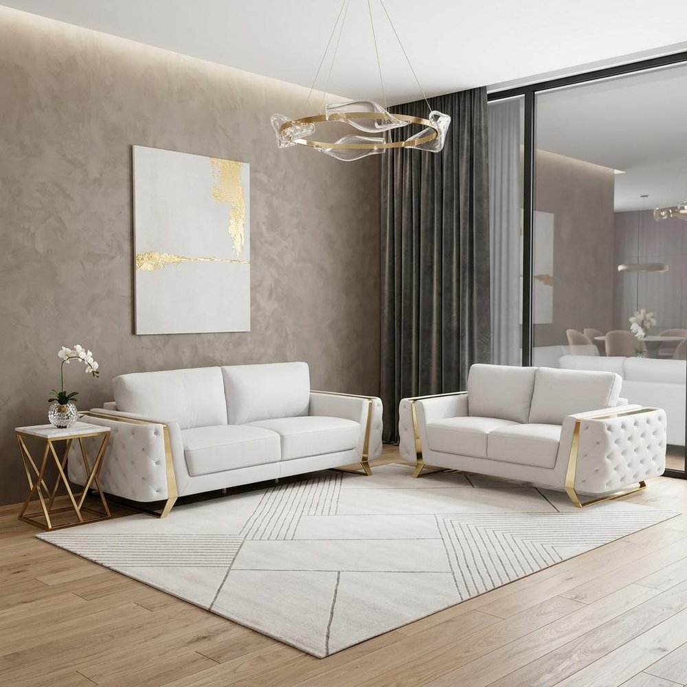 Two Piece Indoor White Italian Leather Five Person Seating Set - 33.5" H x 90" W x 39" D in a home interior