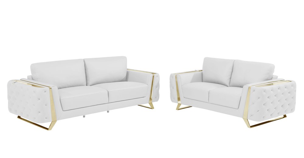 Two white Italian leather five-person seating set with gold accents on a white background.