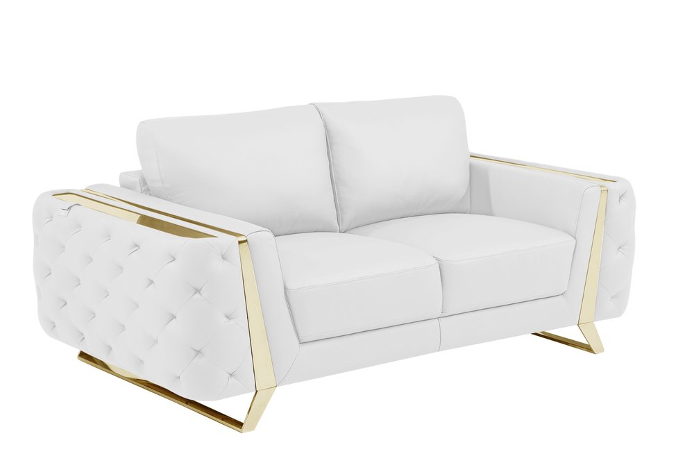 Two Piece Indoor White Italian Leather Five Person Seating Set - 33.5" H x 90" W x 39" D