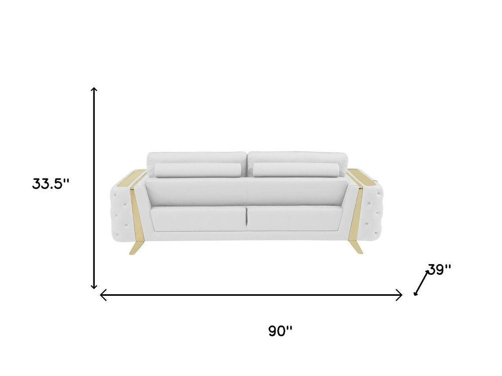 Two Piece Indoor White Italian Leather Five Person Seating Set - 33.5" H x 90" W x 39" D on a white background