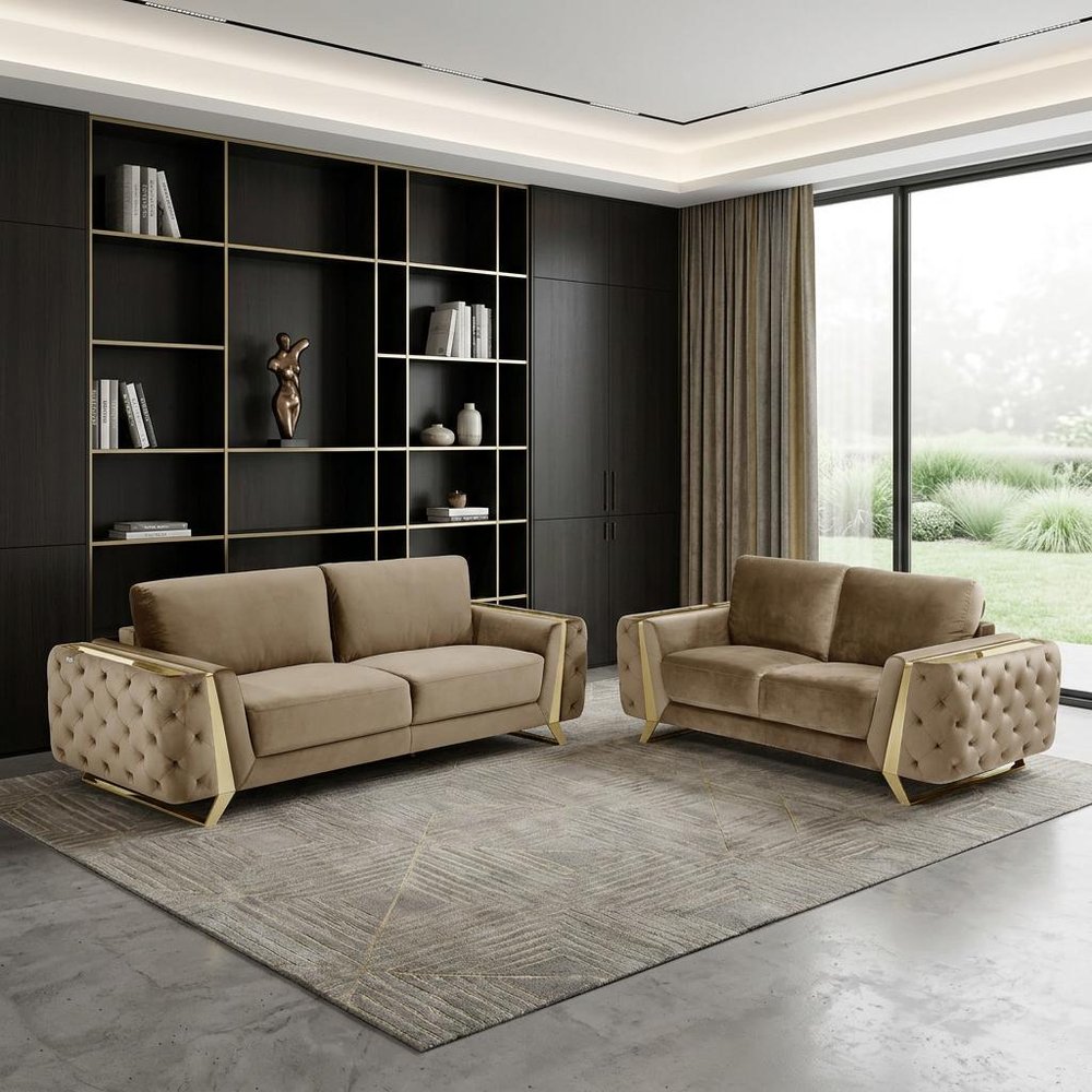 Two Piece Indoor Beige Velvet Five Person Seating Set