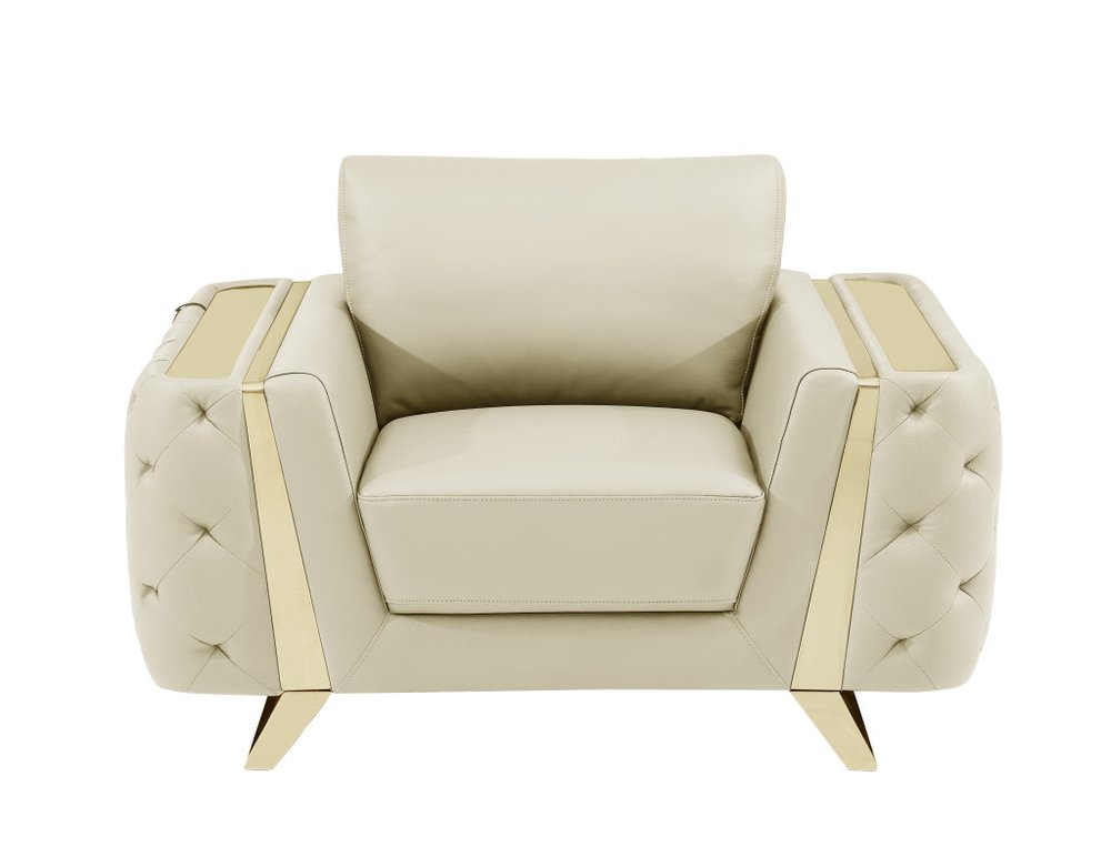 50" Beige And Gold Genuine Leather Tufted Club Chair. Accent chair isolated on a plain white background, showing a beige leather surface.