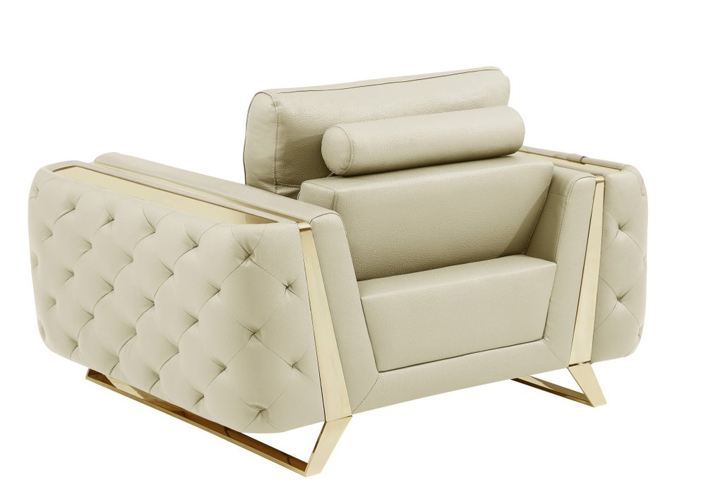 50" Beige And Gold Genuine Leather Tufted Club Chair. Accent chair isolated on a plain white background, in a beige leather finish.