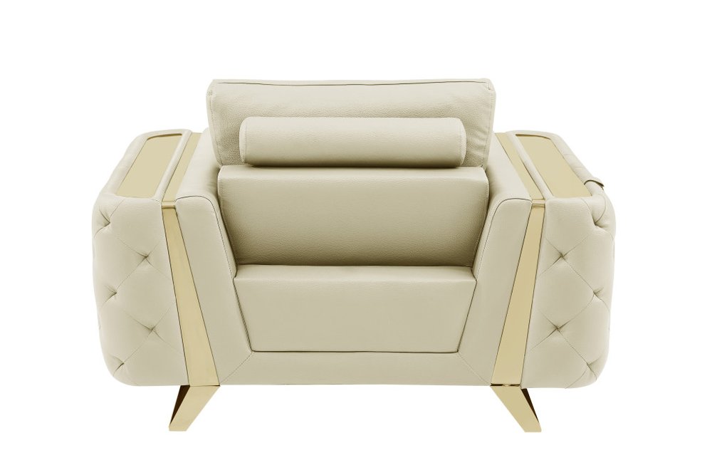 50" Beige And Gold Genuine Leather Tufted Club Chair. Accent chair isolated on a plain white background, finished in beige leather.