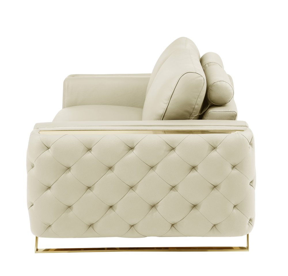 50" Beige And Gold Genuine Leather Tufted Club Chair. Accent chair isolated on a plain white background, showing a beige leather surface.
