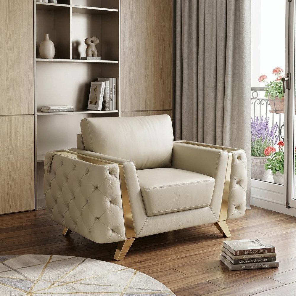 50" Beige And Gold Genuine Leather Tufted Club Chair. Accent chair in beige leather.