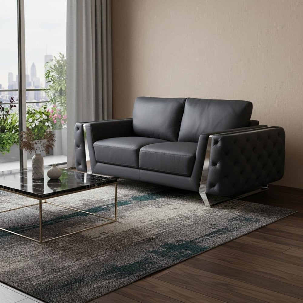 72" Dark Gray And Silver Genuine Leather Loveseat in a home interior