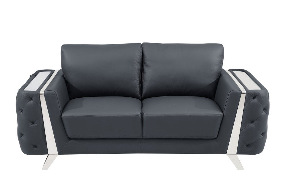 72" Dark Gray And Silver Genuine Leather Loveseat on a white background