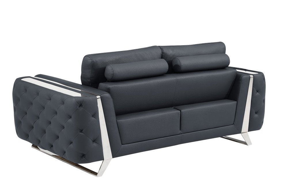 72" Dark Gray And Silver Genuine Leather Loveseat on a white background