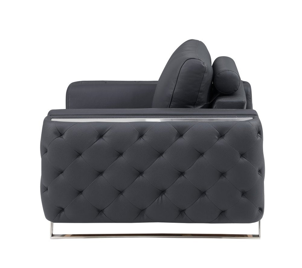 72" Dark Gray And Silver Genuine Leather Loveseat on a white background