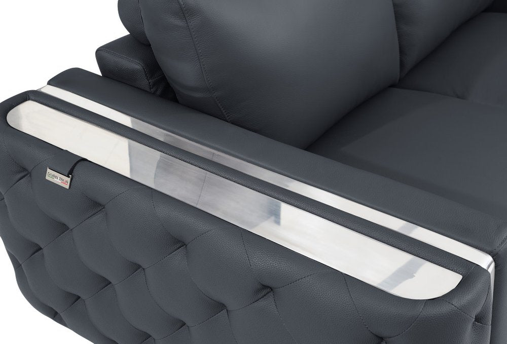 72" Dark Gray And Silver Genuine Leather Loveseat close-up detail
