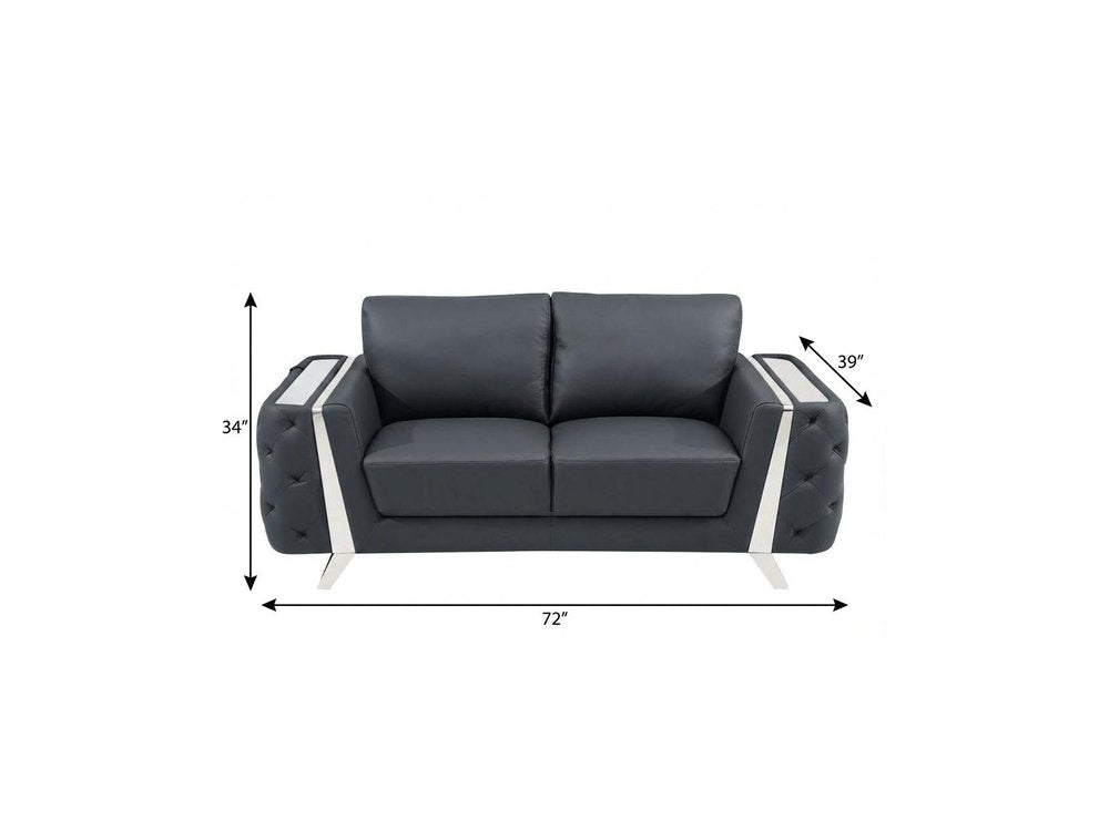 72" Dark Gray And Silver Genuine Leather Loveseat on a white background