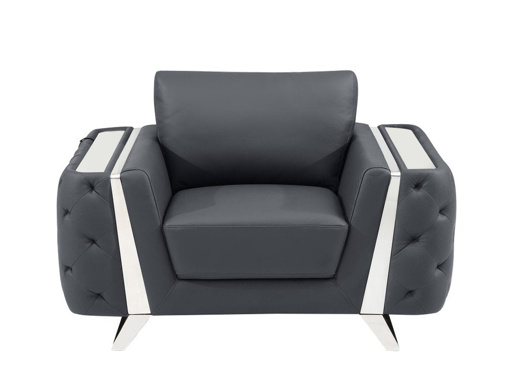 50" Beige And Gold Genuine Leather Tufted Club Chair. Accent chair isolated on a plain white background, showing a leather surface.
