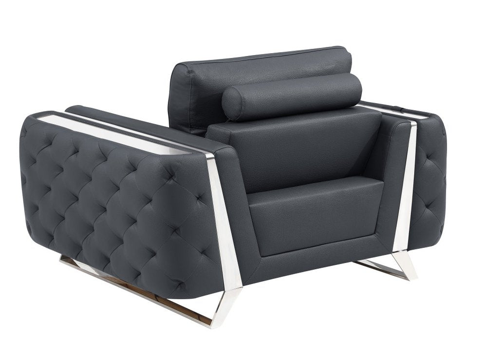 50" Beige And Gold Genuine Leather Tufted Club Chair. Accent chair isolated on a plain white background, showing a leather surface.
