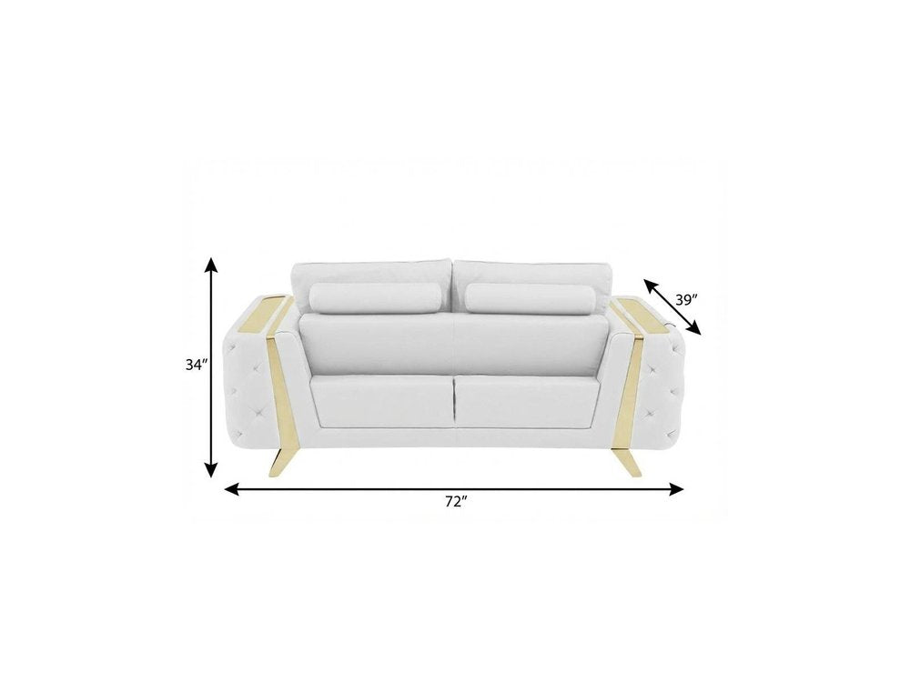 72" White And Gold Genuine Leather Loveseat on a white background