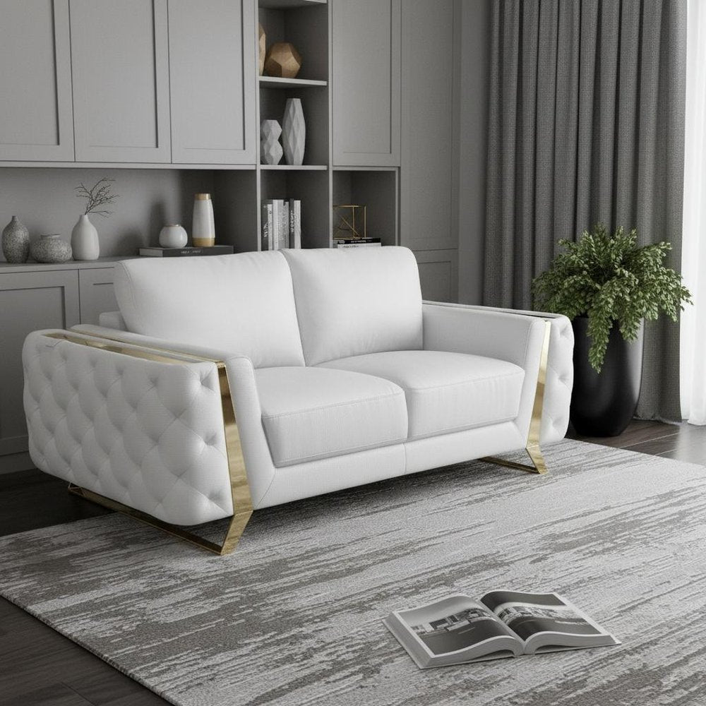 72" White And Gold Genuine Leather Loveseat in a home interior