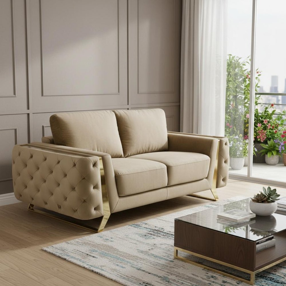 72" Beige And Gold Velvet Loveseat