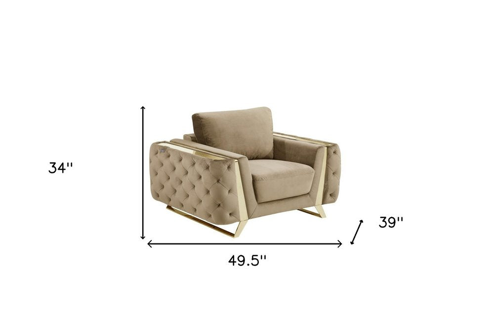 50" Beige And Gold Velvet Tufted Club Chair. Accent chair isolated on a plain white background, finished in beige velvet.