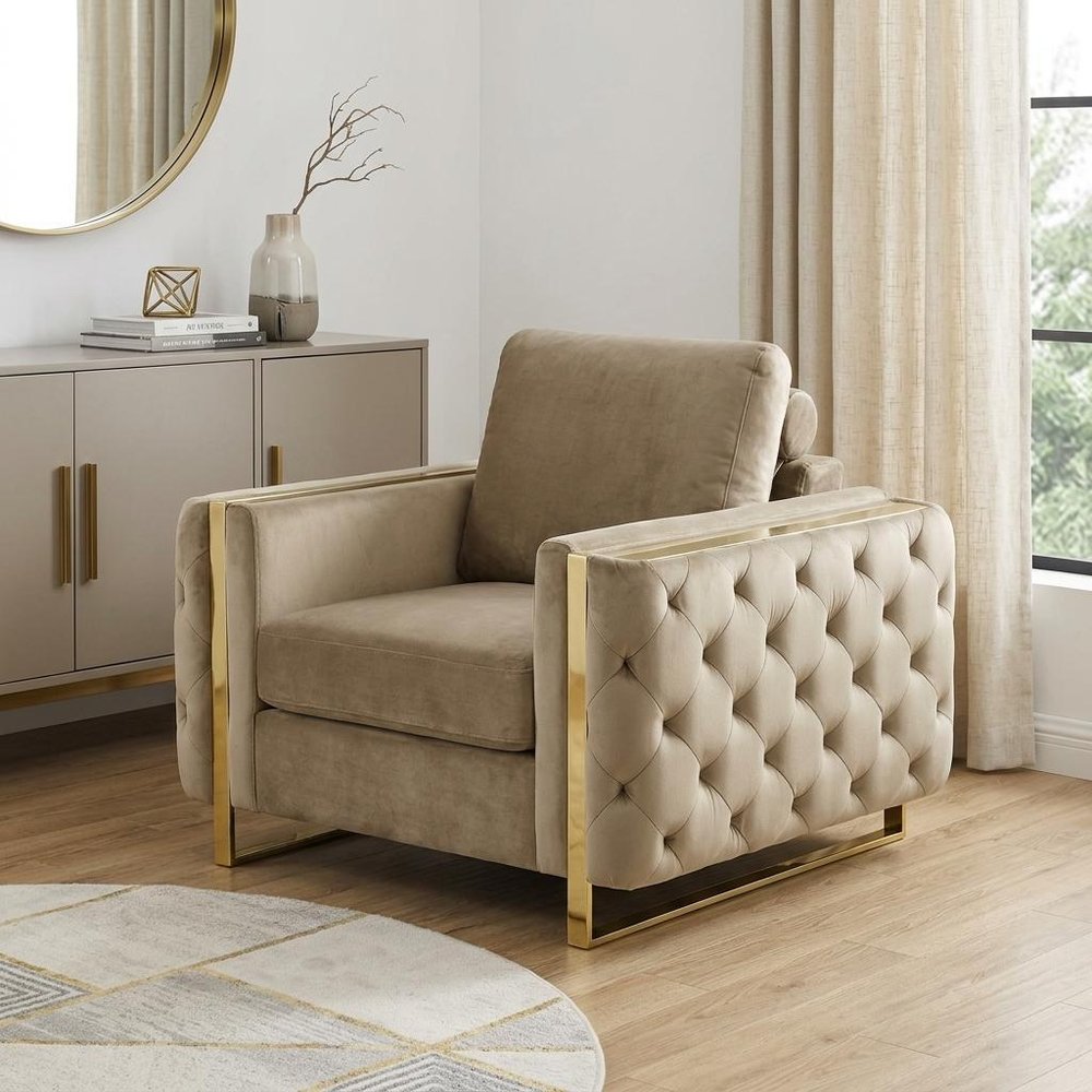 50" Beige And Gold Velvet Tufted Club Chair. Accent chair isolated on a plain white background, in a beige velvet finish.