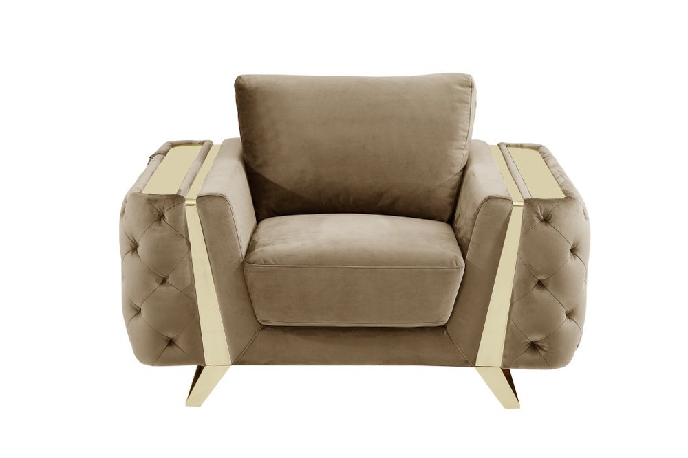 50" Beige And Gold Velvet Tufted Club Chair. Accent chair isolated on a plain white background, in a beige velvet finish.