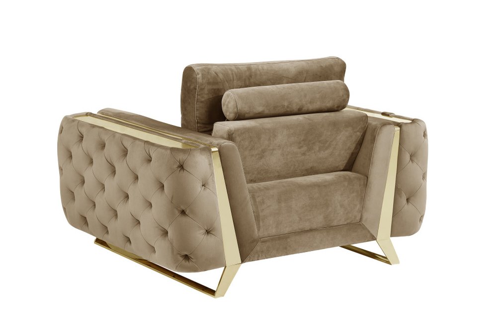 50" Beige And Gold Velvet Tufted Club Chair. Accent chair isolated on a plain white background, finished in beige velvet.