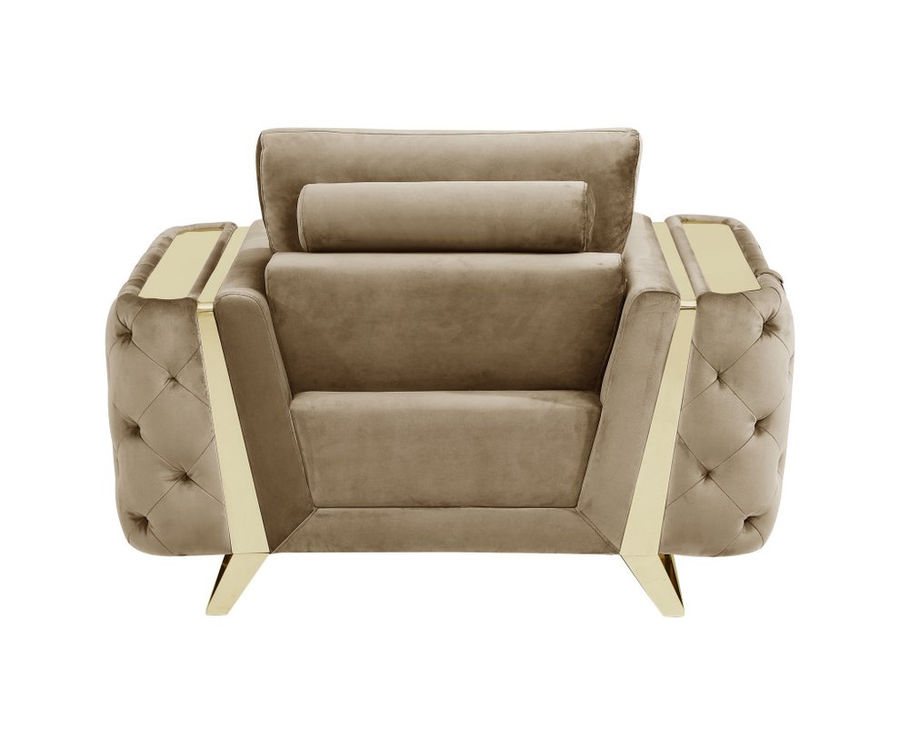 50" Beige And Gold Velvet Tufted Club Chair. Accent chair isolated on a plain white background, in a beige velvet finish.
