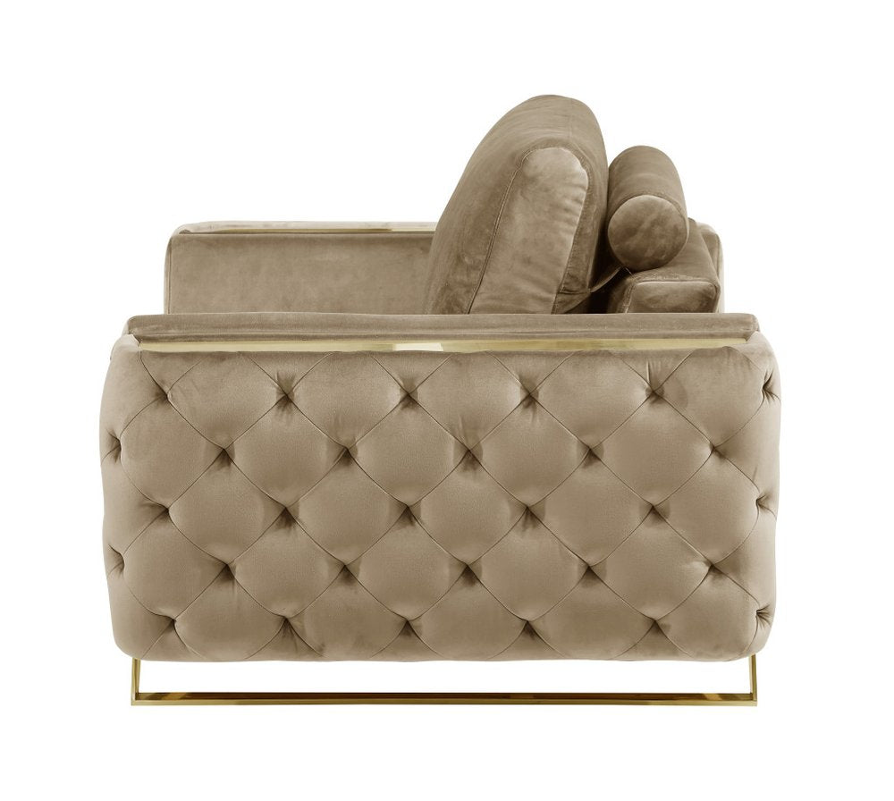 50" Beige And Gold Velvet Tufted Club Chair. Accent chair isolated on a plain white background, finished in beige velvet.