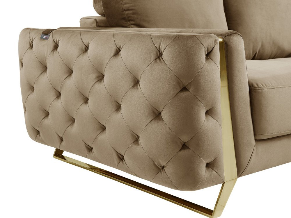 50" Beige And Gold Velvet Tufted Club Chair. Accent chair isolated on a plain white background, in a beige velvet finish.