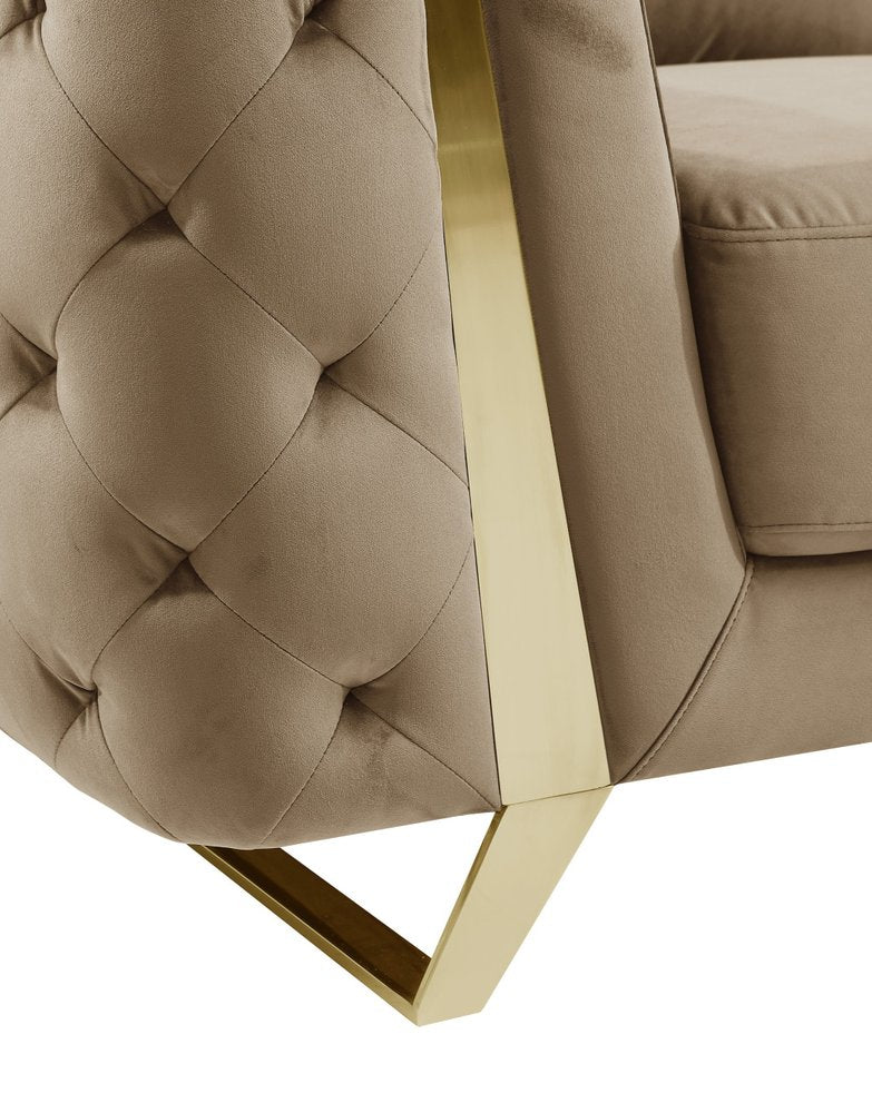 50" Beige And Gold Velvet Tufted Club Chair. Accent chair in beige velvet.