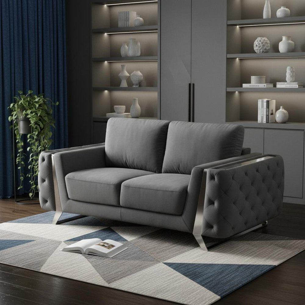 72" Dark Gray And Silver Velvet Loveseat in a home interior