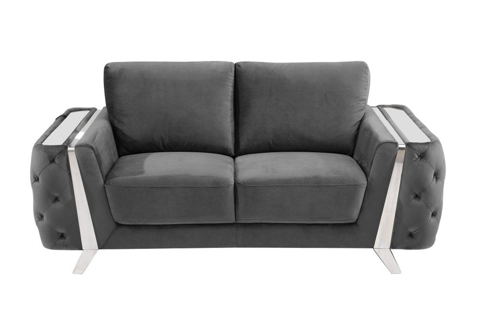 72" Dark Gray And Silver Velvet Loveseat on a white background