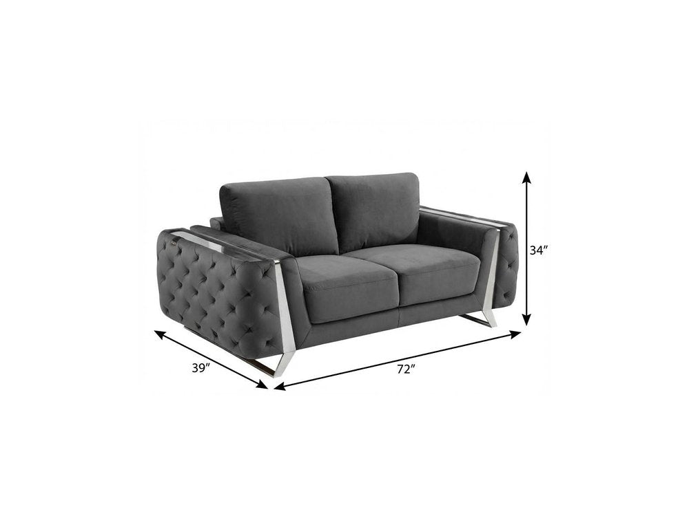 72" Dark Gray And Silver Velvet Loveseat on a white background