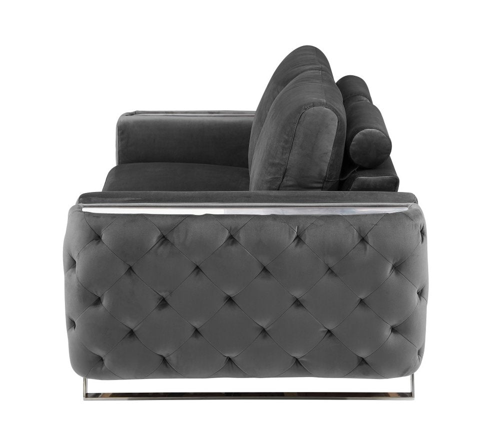 72" Dark Gray And Silver Velvet Loveseat on a white background