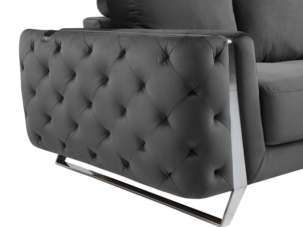 72" Dark Gray And Silver Velvet Loveseat on a white background