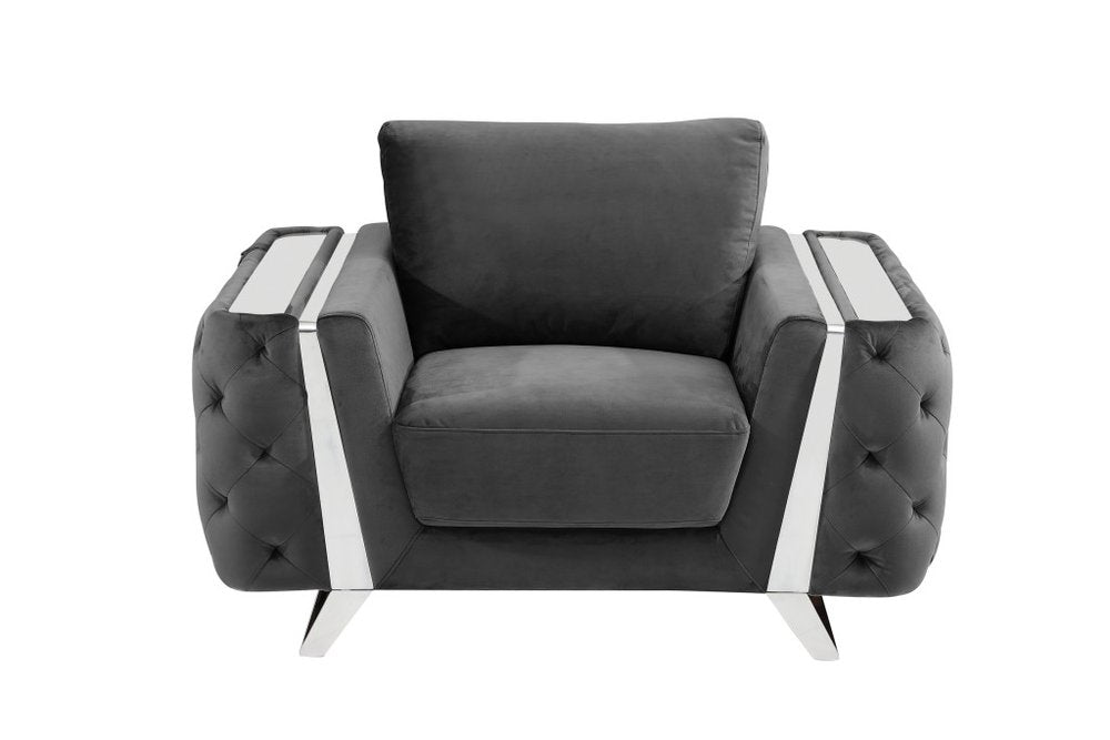 50" Beige And Gold Velvet Tufted Club Chair. Accent chair isolated on a plain white background, finished in beige velvet.