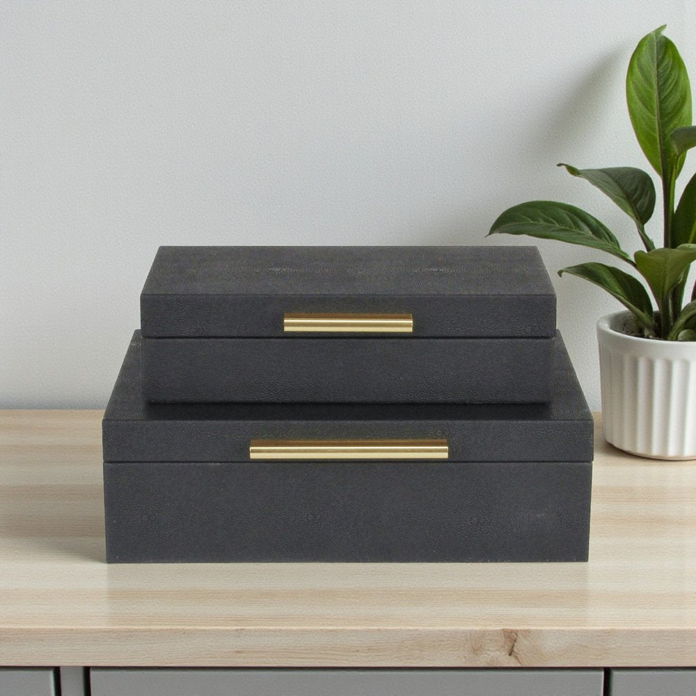 12" Set Of Two Black Solid Wood Jewelry Box With Decorative Hardware