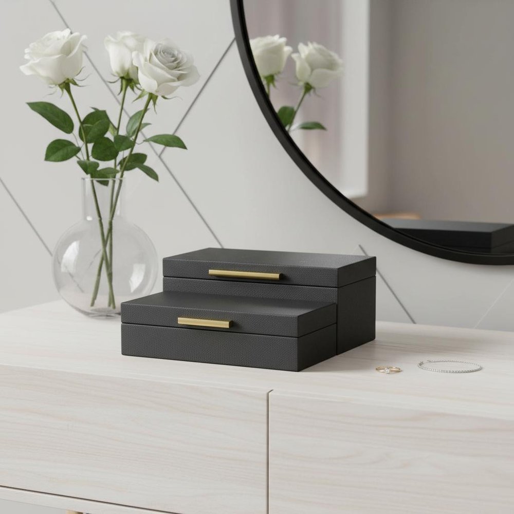 12" Set Of Two Black Solid Wood Jewelry Box With Decorative Hardware