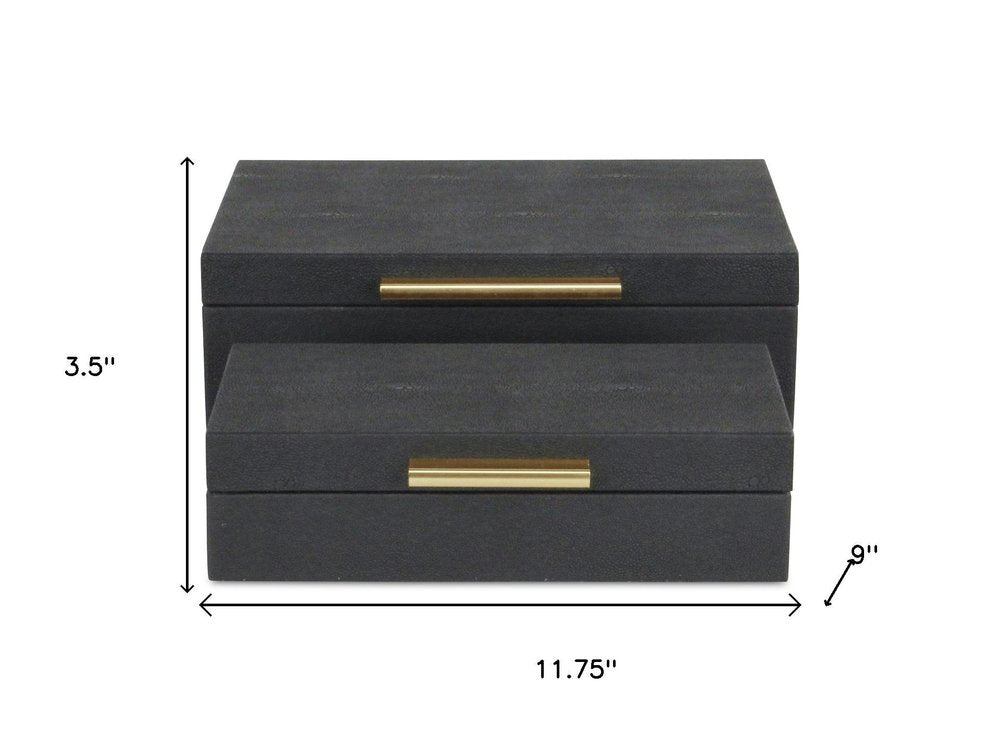 12" Set Of Two Black Solid Wood Jewelry Box With Decorative Hardware