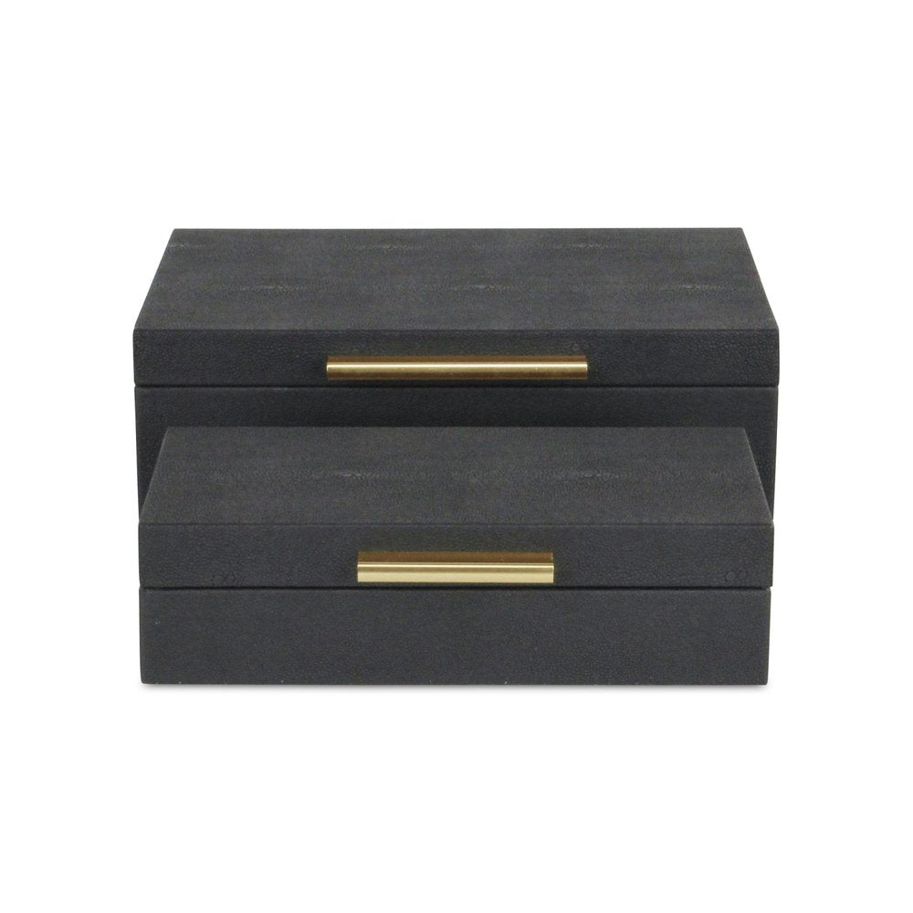 12" Set Of Two Black Solid Wood Jewelry Box With Decorative Hardware